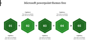 Green hexagonal shapes in a row, numbered 1 to 5, connected by black arrows, each with a caption below.