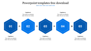 Blue hexagonal infographic showing five steps with alternating caption texts above and below connected by black arrows.