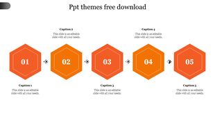 Modern PowerPoint slide with a sequential process flow using orange hexagons labeled 01 to 05, each with captions.