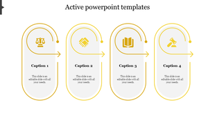 Slide featuring four active sections with icons including scales of justice, a handshake, a book, and a gavel, with captions.