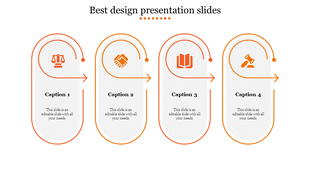 Orange themed design with four capsule-shaped segments, each containing an icon, caption, and editable text field.