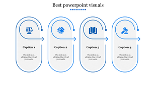 Four rectangular shapes in blue outline with icons in curved arrows above and captions below.