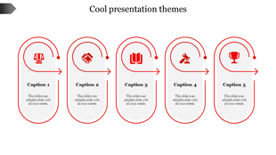 Slide design with five red icons in oval shapes, each representing different concepts, connected by arrows.