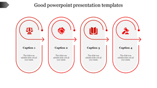 Red and white infographic featuring four capsule shaped blocks with arrows, icons, and caption areas in a row.