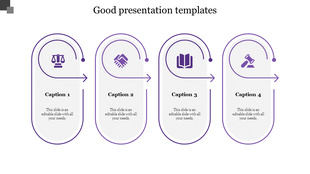 Slide with four icons in rounded purple boxes, numbered 1 to 4, connected by curved arrows.
