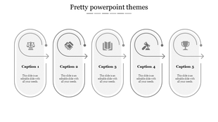 Slide design featuring five gray icons in oval shapes, each with a caption and arrows pointing to the next.