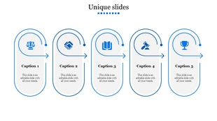 Modern custom PowerPoint slide with five blue icons with captions and placeholder text on a white backdrop.