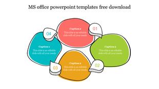 Colorful MS Office template with four numbered sections in irregular shapes, each containing a caption text.