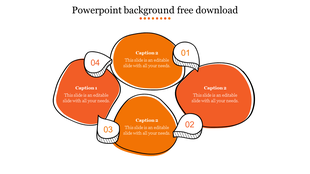 Creative orange PowerPoint background slide with four numbered sections and text placeholders on a white backdrop.