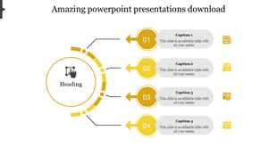 Yellow circle diagram with four steps branching out to the right, featuring numbers, icons and gray text boxes.