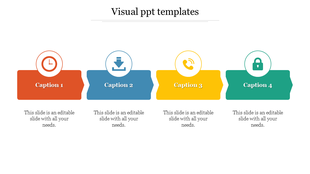 Visual PPT templates with four colorful sections labeled Caption 1 to Caption 4 each with icons and text area.