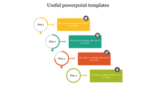 Colorful step by step useful process flow PowerPoint template with four stages and text boxes on a white backdrop.