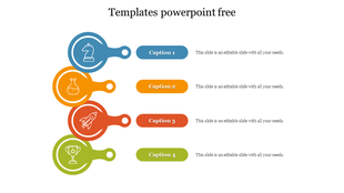 Slide design with four circular shapes in blue, orange, red, and green, each with a unique icon and a corresponding caption.