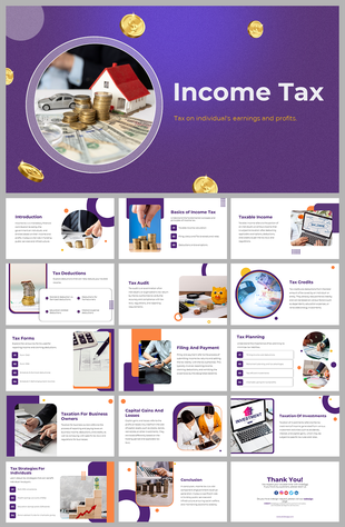 Alt: Income Tax PowerPoint template cover slide featuring a purple background with gold coins, a model house, and a toy car representing taxable assets.