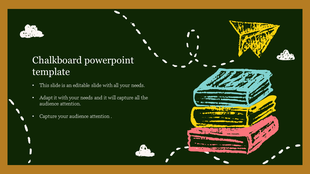 Green chalkboard background with yellow, red, and blue chalk drawn books, paper plane, and dotted flight path.