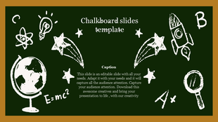 Creative chalkboard PowerPoint slide with hand drawn space and science doodles on a dark green background with a caption.