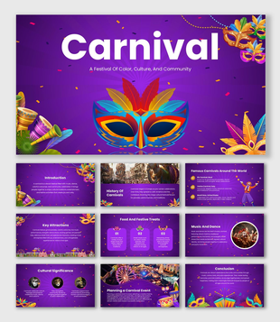 slide carnival ppt templates Purple Gradient With Mask, Feathers, Drums, Confetti, Festival Content Slides.