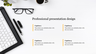 Minimalist slide showing office items on the left and four neatly arranged caption areas with yellow dividers on the right.