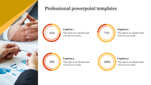 Slide with four circular indicators, each displaying a percentage in orange and yellow, and hands with pen on graph document.