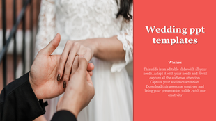Close up of a couple exchanging rings, with wedding presentation text on a red background on the right.