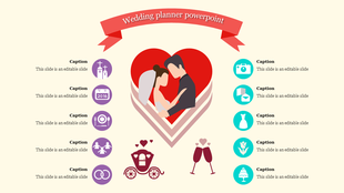 Wedding-themed infographic with icons like a church, calendar, and wedding rings around a couple embracing in a heart.