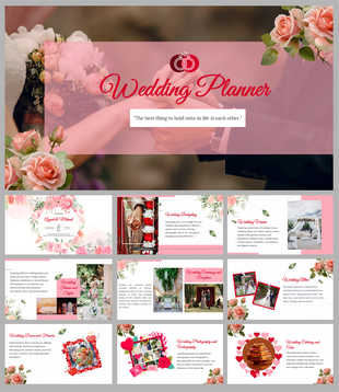 Wedding themed slide deck featuring floral borders, pink accents, and sections on budgeting, decor, and venues.