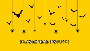 Decorative Halloweenslide featuring black bats and dangling spiders on a bright yellow backdrop with themed title text.