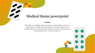 Medical themed slide with pill strips and capsules on gradient shapes, centered text area with  caption and heading.