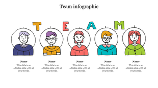 Five illustrated team members in a row, each with colored letter above them and captions below.