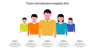 Slide showing illustrated avatars of five team members with placeholders for names and descriptions.
