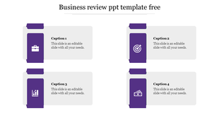 Business review PowerPoint template with four sections, each featuring an icon and a caption on a purple theme.