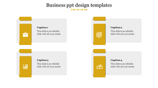 Slide with yellow accents in four rectangular blocks with icons placed to the left, arranged in two rows.