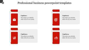Professional template with red sidebar icons and four rectangular caption boxes in a clean two column format. 
