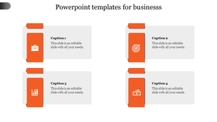Slide with orange bar accents above four rectangular block, containing text and an icon aligned to the left.