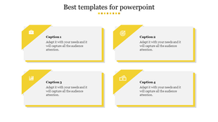 Best design PPT slide featuring modern caption boxes with yellow accents and icons on a white backdrop.