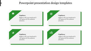 Green design template with four rectangular boxes each placed with  caption areas placed in white backdrop.