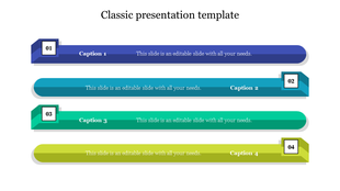 Classic layout with four colorful ribbon shaped banners, each numbered and containing a text area for captions. 