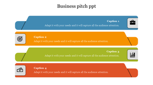 Business pitch layout with four slanted color bars, each labeled with a caption and icon in a boxed corner. 