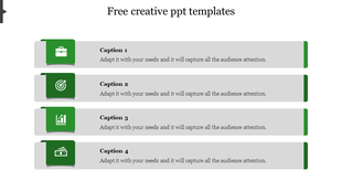 Slide with four sections, each with a green icon and gray text box, representing different creative templates.