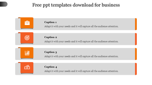 Business slide layout with four caption boxes featuring orange icons on the left and gradient orange accents on the right.