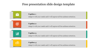 Slide design with four colored square icons on the left and matching accent bars on the right of gray text boxes.