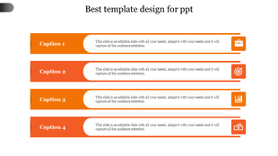 Infographic with four stacked orange bars, each showing a caption title, description, and business icon on the right. 