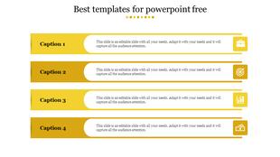 Horizontal list design with four golden bars, each containing a caption and icon on the right representing business concepts.