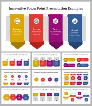 Collage of colorful slides showcasing innovative presentation designs with icons and placeholder text area.
