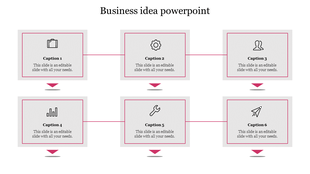 Business idea with six grey square boxes with icons and captions arranged in two rows, connected by pink arrows.
