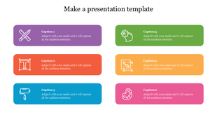 Six horizontal rounded rectangles in purple, red, blue, green, yellow, and pink, each with an icon and caption on columns.