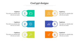 Six colorful cool blocks arranged in two rows, each containing a number, icon, and placeholder caption.