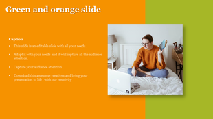 A green and orange slide featuring a person reading a book while sitting on a bed with a laptop and caption.