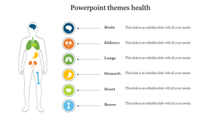 Health themed PowerPoint slide featuring a human body diagram with labeled organs with placeholder text.