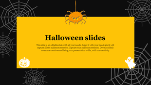Dark Halloween slide featuring a yellow box with title, a hanging orange spider and white pumpkin and ghost icons below.